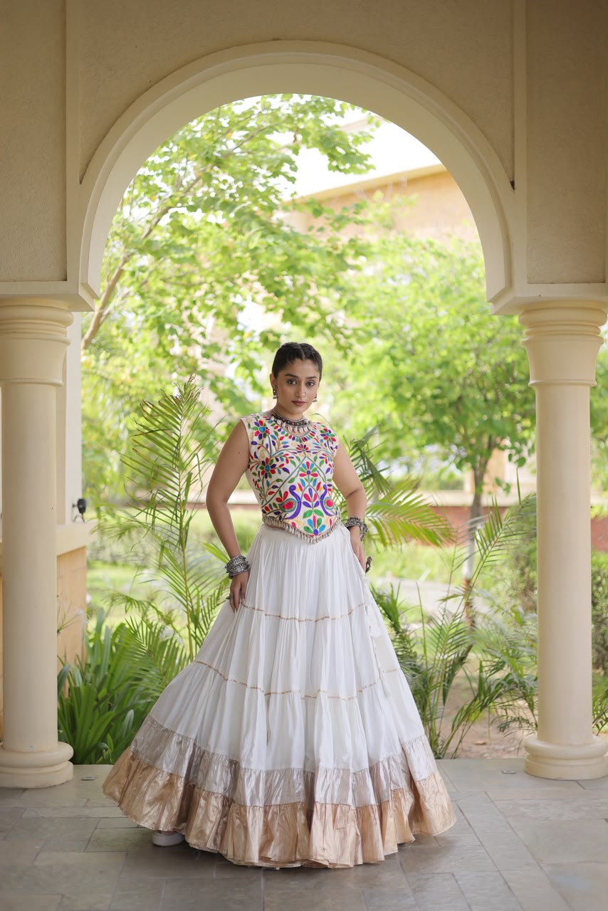 KA 5071 White Rayon Embroidery Work & Cowrie Work Lehenga Choli . Grab it for ₹2849. Delivery 4-6 Working Days. Shop now. | Lehenga, Bollywood Lehenga, Creative Lehenga, Designer Lehenga, Embroidered Lehenga, Party Wear Lehenga