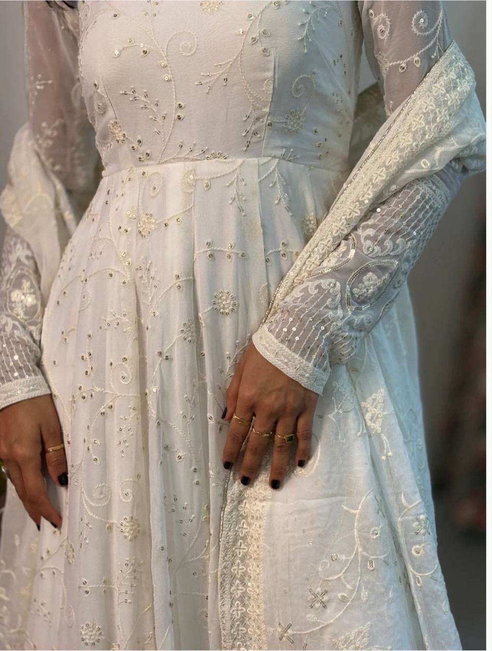 MD 306 White | Slim Georgette Salwar Suit with Sequins Work & Embroidery Work. Exclusive Offer ₹2849. Delivery 4-6 Working Days. Shop now. | Anarkali Suits, Bollywood Anarkali, Creative-Anarkali, Designer Anarkali, Embroidered Anarkali, Party Wear Anarkali