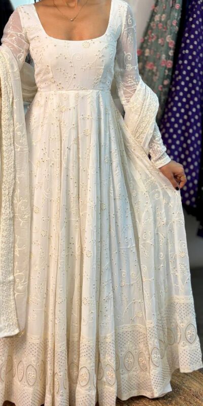 MD 306 White | Slim Georgette Salwar Suit with Sequins Work & Embroidery Work. Exclusive Offer ₹2849. Delivery 4-6 Working Days. Shop now. | Anarkali Suits, Bollywood Anarkali, Creative-Anarkali, Designer Anarkali, Embroidered Anarkali, Party Wear Anarkali