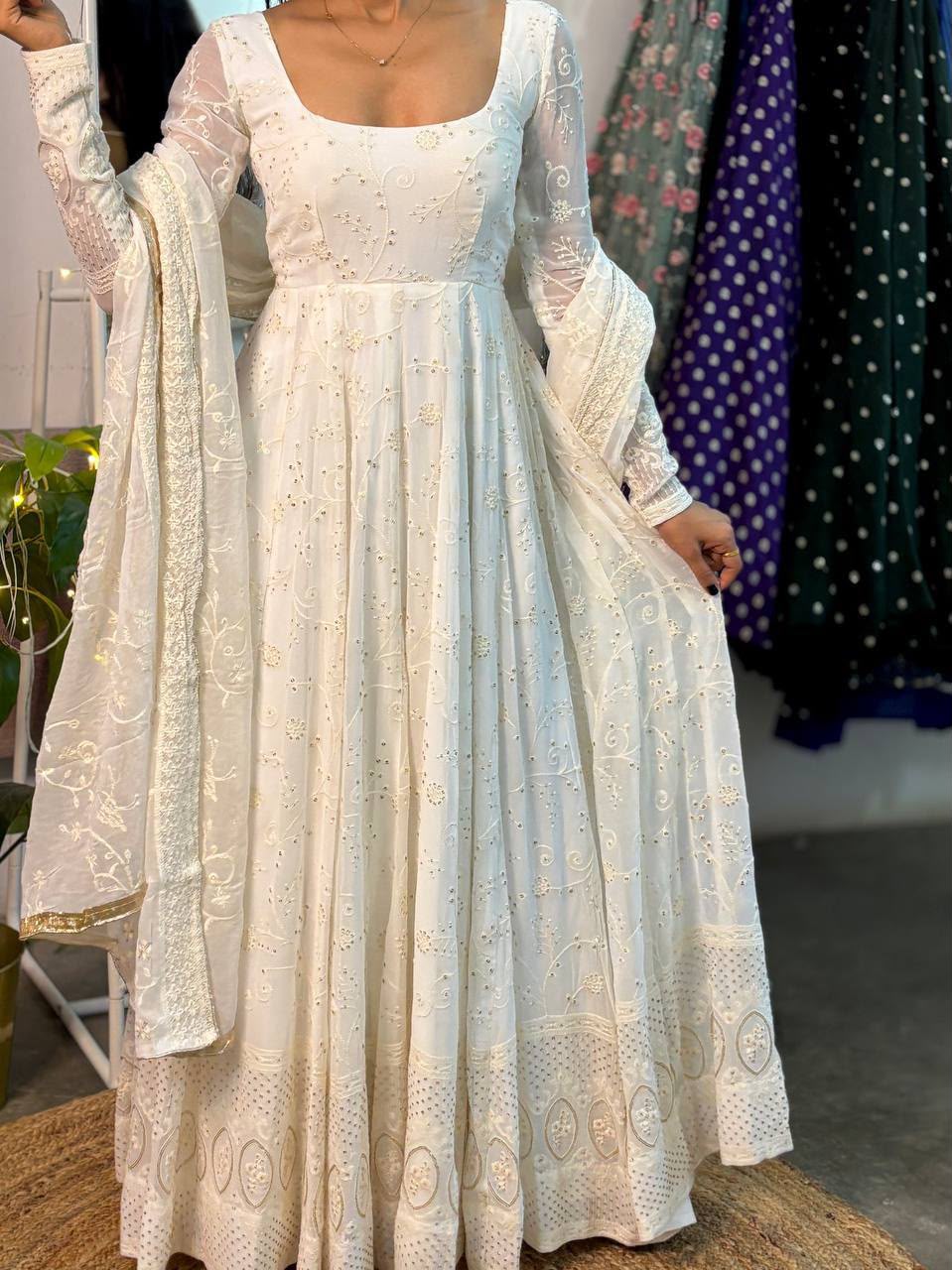 MD 306 White | Slim Georgette Salwar Suit with Sequins Work & Embroidery Work. Exclusive Offer ₹2849. Delivery 4-6 Working Days. Shop now. | Anarkali Suits, Bollywood Anarkali, Creative-Anarkali, Designer Anarkali, Embroidered Anarkali, Party Wear Anarkali