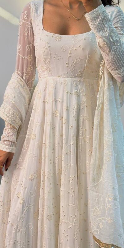 MD 306 White | Slim Georgette Salwar Suit with Sequins Work & Embroidery Work. Exclusive Offer ₹2849. Delivery 4-6 Working Days. Shop now. | Anarkali Suits, Bollywood Anarkali, Creative-Anarkali, Designer Anarkali, Embroidered Anarkali, Party Wear Anarkali