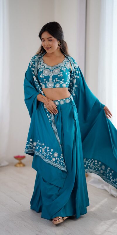 Alternative view of Aglow Teal French Crep Sequence Work Dhoti Suit