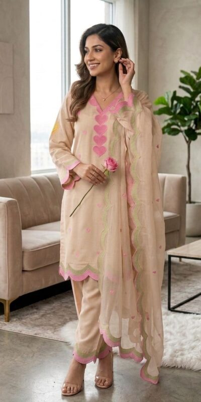 Alternative view of Graceful Chiku Mul Chanderi Silk Embroidery Work Salwar Suit