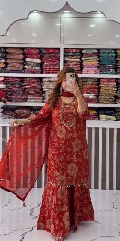 ST 1207 Red Faux Georgette Salwar Suit with Embroidery Work. Available at ₹2949 only. Delivery 4-6 Working Days. Shop now. | Jump Suits, Tops & Bottoms, Track Suits, Salwar suit, Casual Suits, Creative suits, Designer Suits, Palazzo Suits, Party Wear Suits, Patiala Suits, Straight Suits, Trendy Wear