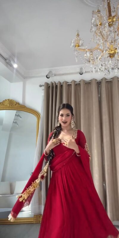 ZSR 3191 Red Faux Georgette Gown with Mirror Work & Embroidery Work. Get it for ₹2399. Delivery 4-6 Working Days. Online Shop now. | Gowns, Bollywood Gowns, Creative Gowns, Designer Gowns, Embroidered Gowns, Party Wear Gowns