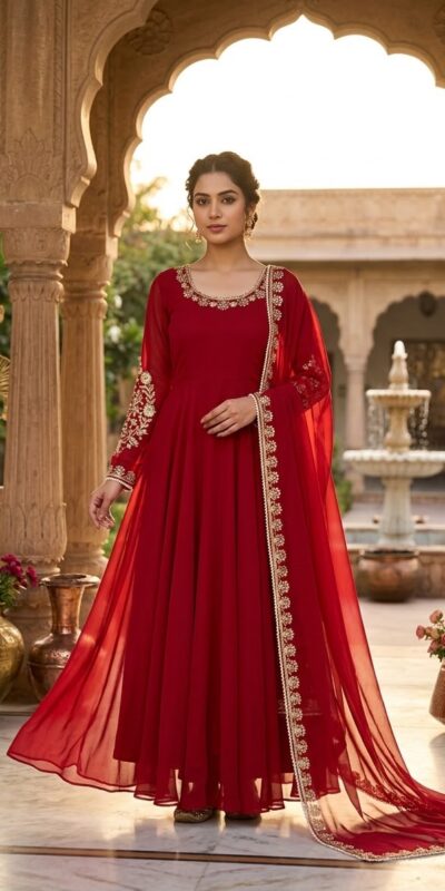 ZSR 3191 Red Faux Georgette Gown with Mirror Work & Embroidery Work. Get it for ₹2399. Delivery 4-6 Working Days. Online Shop now. | Gowns, Bollywood Gowns, Creative Gowns, Designer Gowns, Embroidered Gowns, Party Wear Gowns