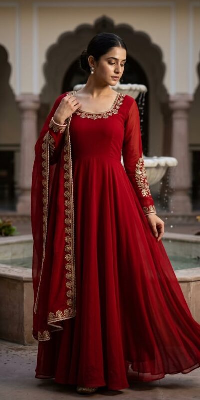 ZSR 3191 Red Faux Georgette Gown with Mirror Work & Embroidery Work. Get it for ₹2399. Delivery 4-6 Working Days. Online Shop now. | Gowns, Bollywood Gowns, Creative Gowns, Designer Gowns, Embroidered Gowns, Party Wear Gowns