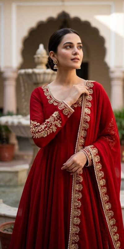 ZSR 3191 Red Faux Georgette Gown with Mirror Work & Embroidery Work. Get it for ₹2399. Delivery 4-6 Working Days. Online Shop now. | Gowns, Bollywood Gowns, Creative Gowns, Designer Gowns, Embroidered Gowns, Party Wear Gowns