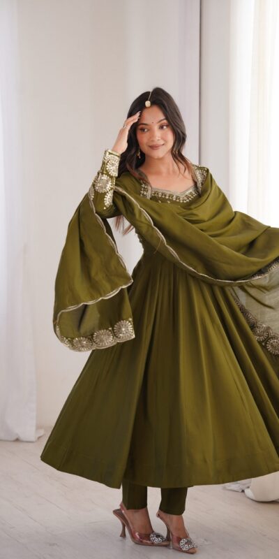 ZF 5026  Mehendi Colour Roman Silk Salwar Suit with Embroidery Work. Best Price ₹2399. Delivery 4-6 Working Days. Online Shop now. | Anarkali Suits, Bollywood Anarkali, Creative-Anarkali, Designer Anarkali, Embroidered Anarkali, Party Wear Anarkali