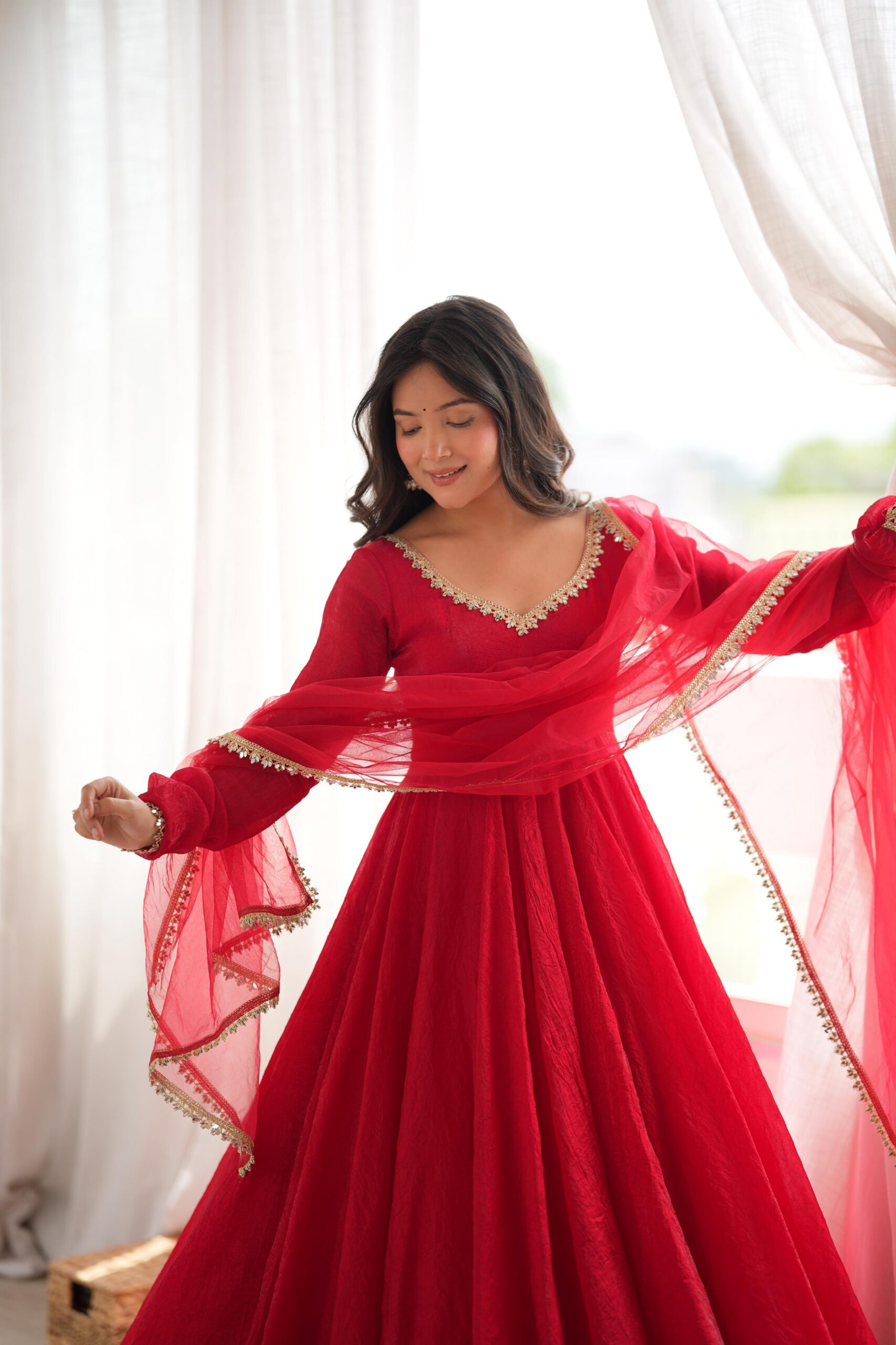 SRK 5355 Red Doremon Crush Gown with Lace Work & Mirror Work. Exclusive Offer ₹2099. Delivery 4-6 Working Days. Shop now. | Gowns, Bollywood Gowns, Creative Gowns, Designer Gowns, Embroidered Gowns, Party Wear Gowns