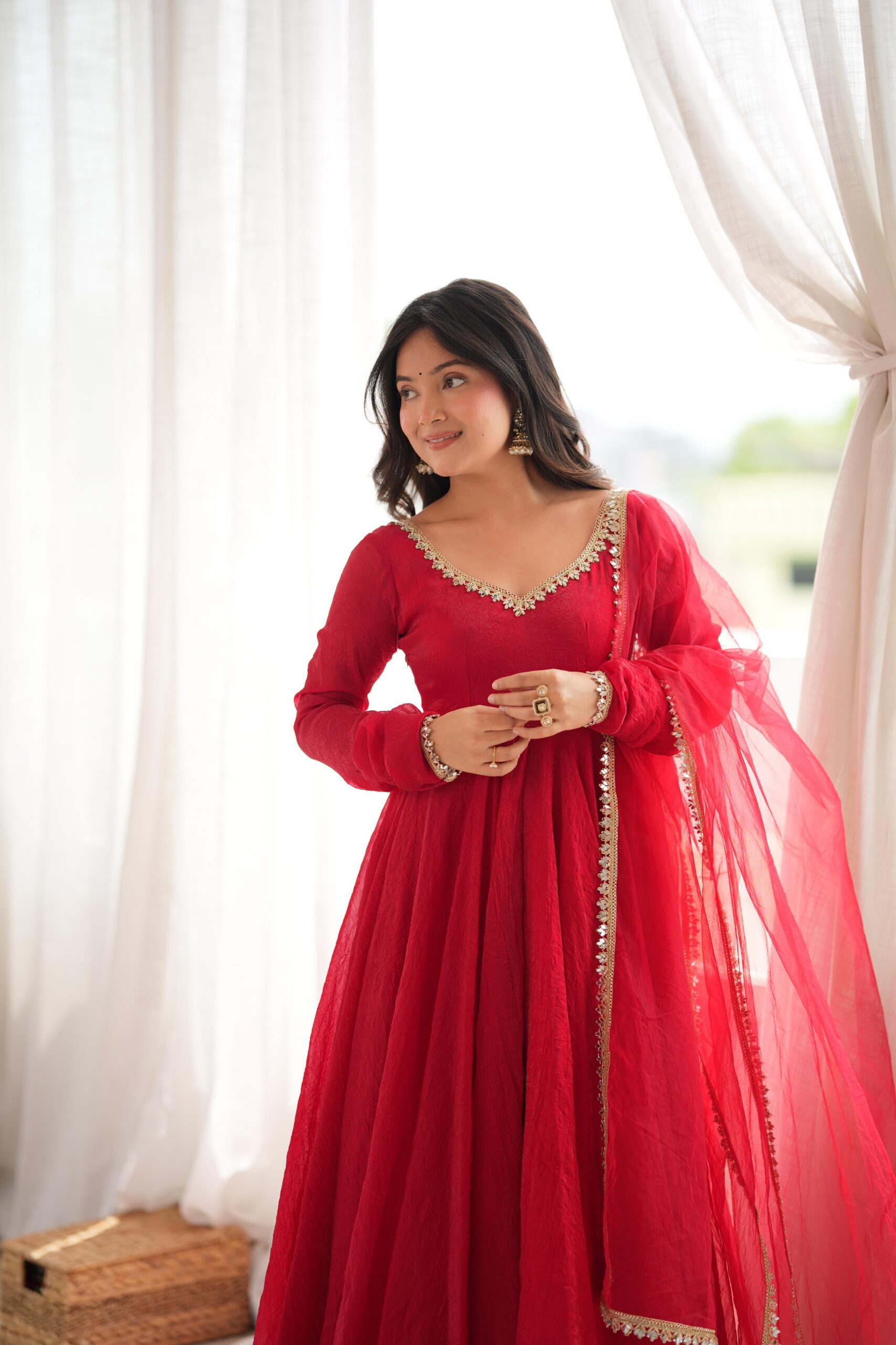 SRK 5355 Red Doremon Crush Gown with Lace Work & Mirror Work. Exclusive Offer ₹2099. Delivery 4-6 Working Days. Shop now. | Gowns, Bollywood Gowns, Creative Gowns, Designer Gowns, Embroidered Gowns, Party Wear Gowns