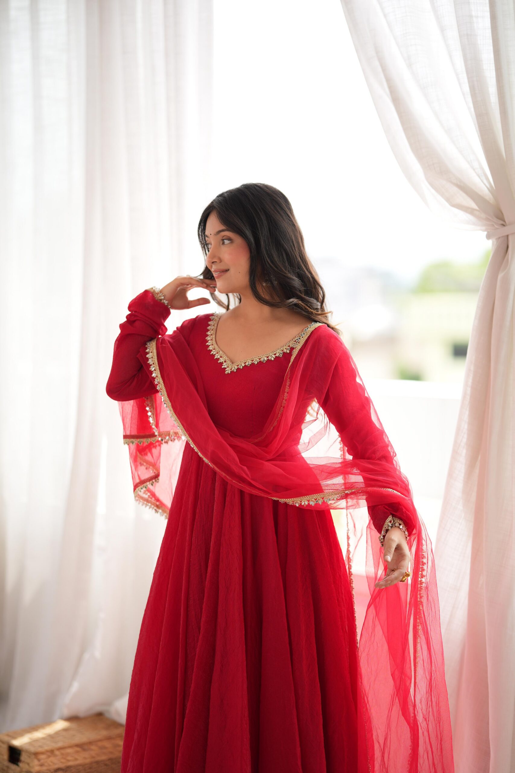 SRK 5355 Red Doremon Crush Gown with Lace Work & Mirror Work. Exclusive Offer ₹2099. Delivery 4-6 Working Days. Shop now. | Gowns, Bollywood Gowns, Creative Gowns, Designer Gowns, Embroidered Gowns, Party Wear Gowns