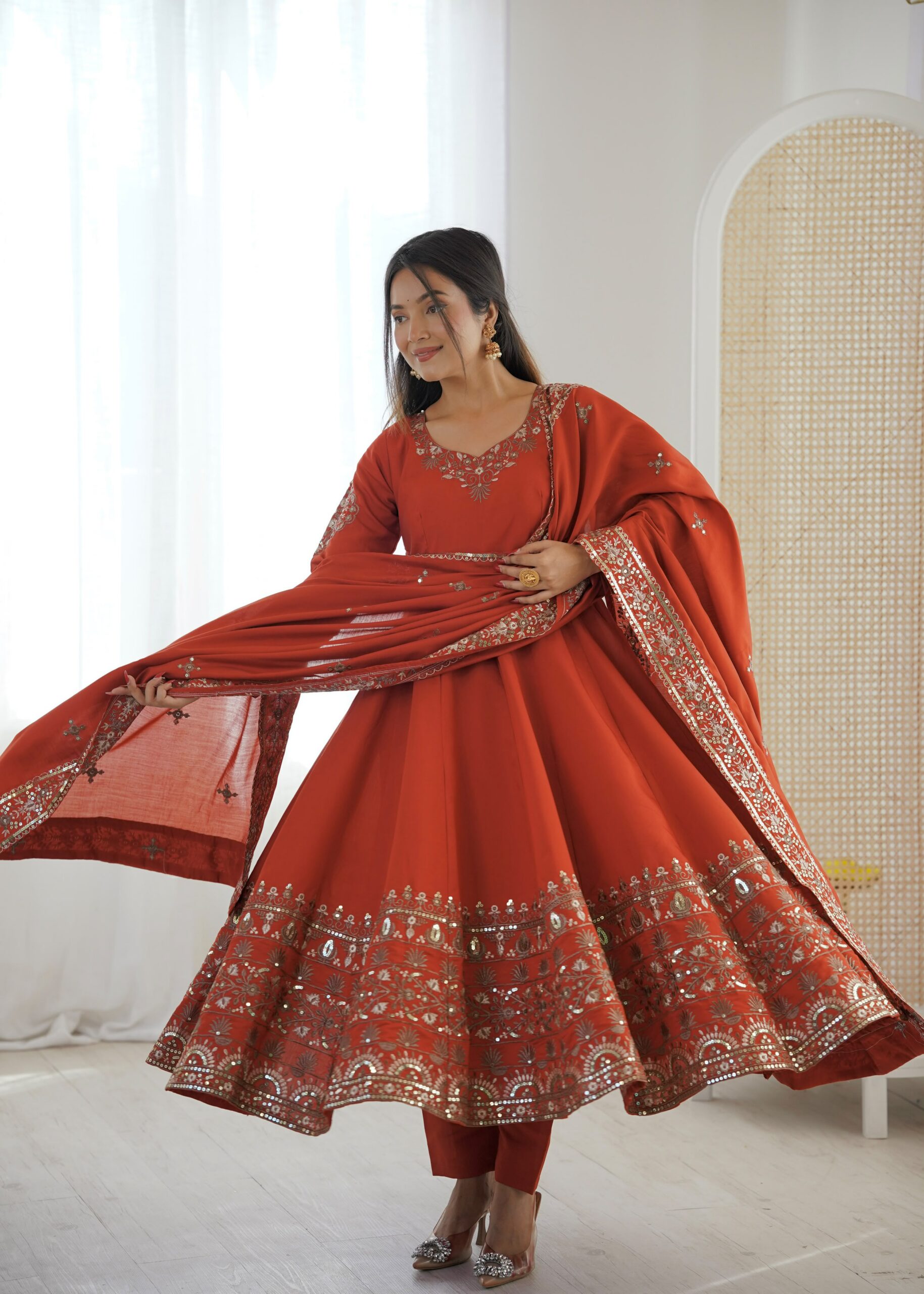 ZF 5016 Orange Roman Silk Gown with Embroidery Work. Wedding, Party, Festive, Events, Navratri, Exclusive Offer ₹2499. Delivery 4-6 Working Days. Shop now. | Gowns, Bollywood Gowns, Creative Gowns, Designer Gowns, Embroidered Gowns, Party Wear Gowns