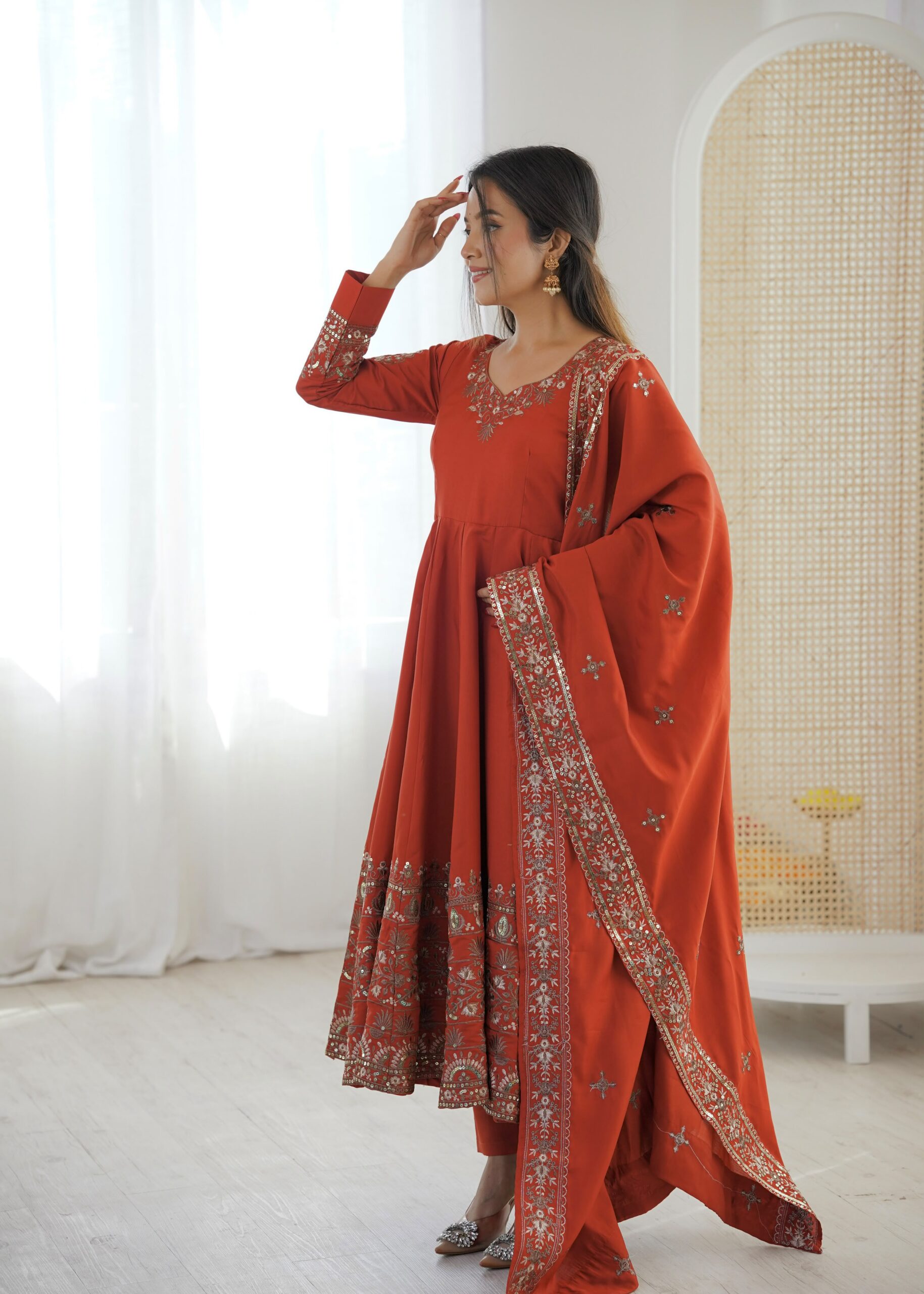 ZF 5016 Orange Roman Silk Gown with Embroidery Work. Wedding, Party, Festive, Events, Navratri, Exclusive Offer ₹2499. Delivery 4-6 Working Days. Shop now. | Gowns, Bollywood Gowns, Creative Gowns, Designer Gowns, Embroidered Gowns, Party Wear Gowns