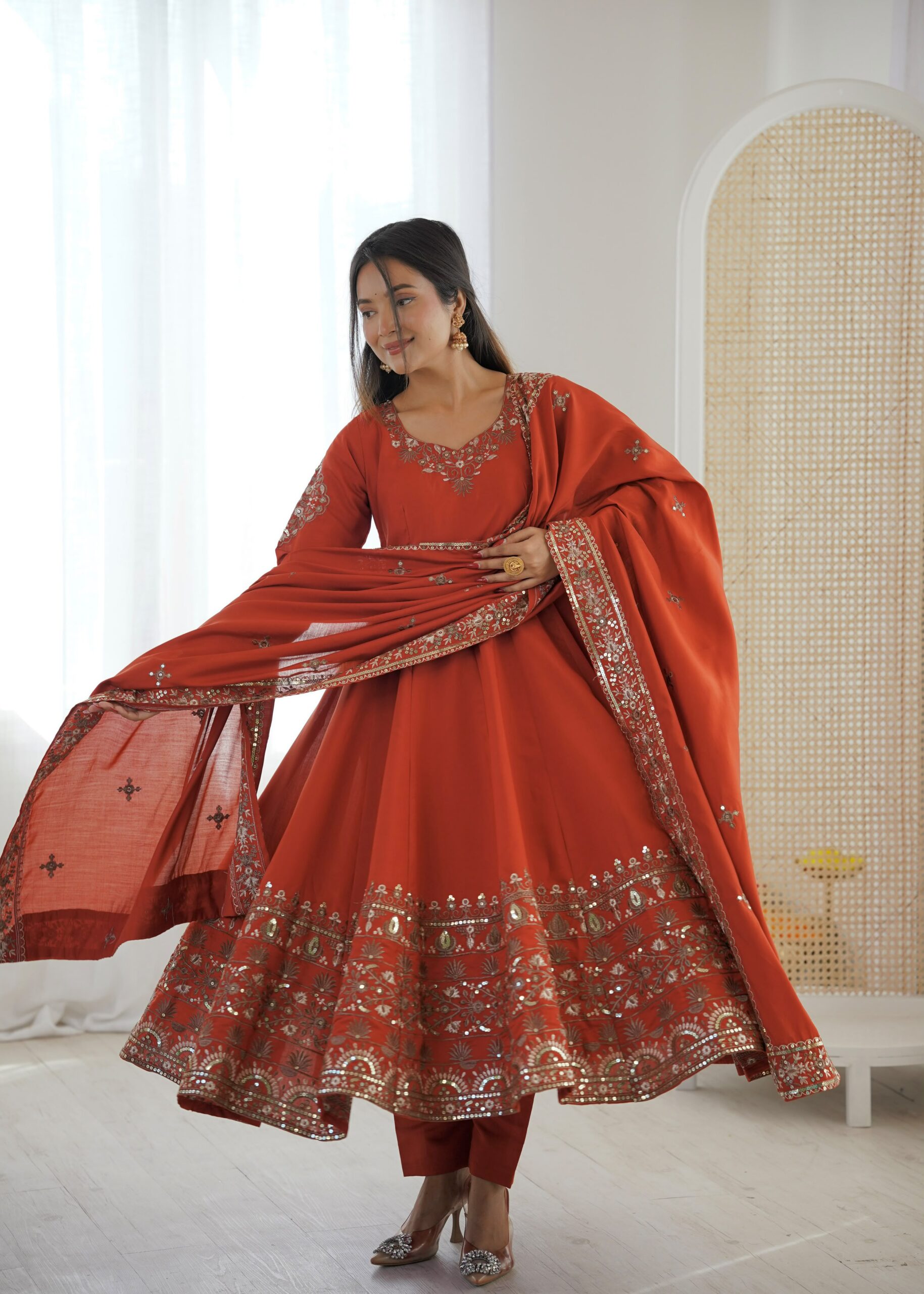 ZF 5016 Orange Roman Silk Gown with Embroidery Work. Wedding, Party, Festive, Events, Navratri, Exclusive Offer ₹2499. Delivery 4-6 Working Days. Shop now. | Gowns, Bollywood Gowns, Creative Gowns, Designer Gowns, Embroidered Gowns, Party Wear Gowns
