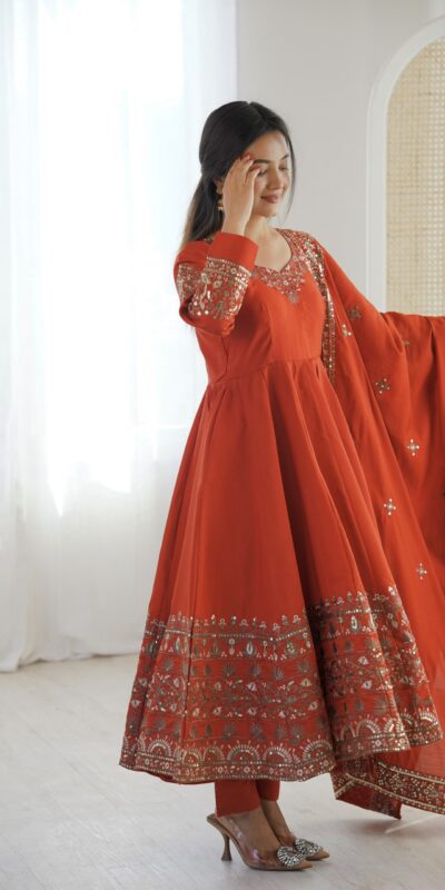 ZF 5016 Orange Roman Silk Gown with Embroidery Work. Wedding, Party, Festive, Events, Navratri, Exclusive Offer ₹2499. Delivery 4-6 Working Days. Shop now. | Gowns, Bollywood Gowns, Creative Gowns, Designer Gowns, Embroidered Gowns, Party Wear Gowns