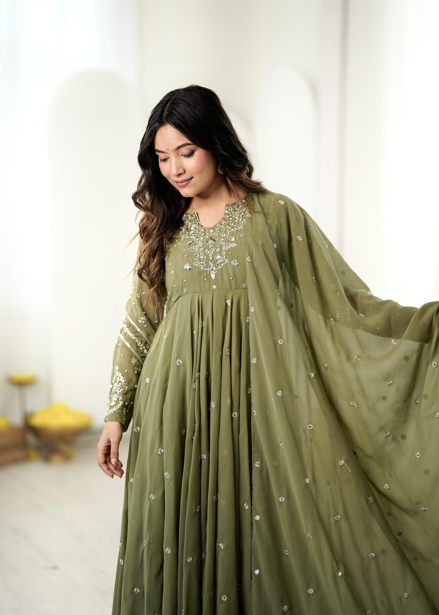 JF 056 Sage Green Faux Georgette Salwar Suit with Mirror Work & Embroidery Work. Get it for ₹2349. Delivery 4-6 Working Days. Shop now. | Jump Suits, Salwar suit, Casual Suits, Creative suits, Designer Suits, Palazzo Suits, Party Wear Suits, Patiala Suits, Straight Suits
