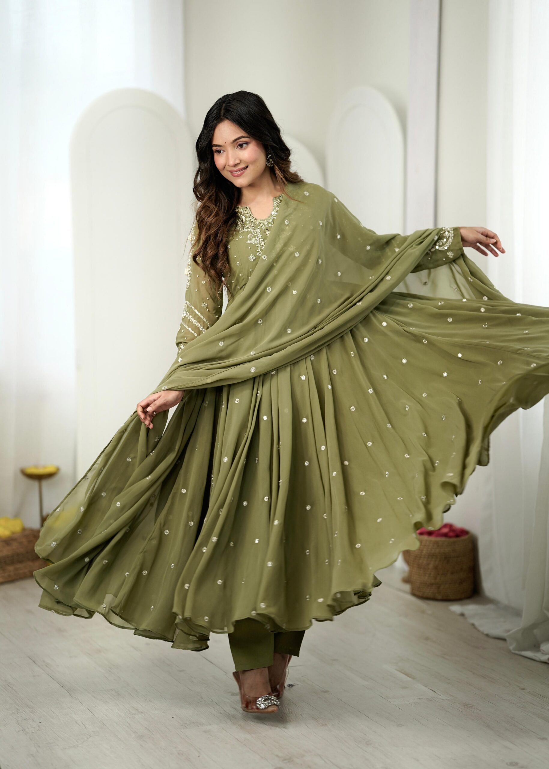 JF 056 Sage Green Faux Georgette Salwar Suit with Mirror Work & Embroidery Work. Get it for ₹2349. Delivery 4-6 Working Days. Shop now. | Jump Suits, Salwar suit, Casual Suits, Creative suits, Designer Suits, Palazzo Suits, Party Wear Suits, Patiala Suits, Straight Suits