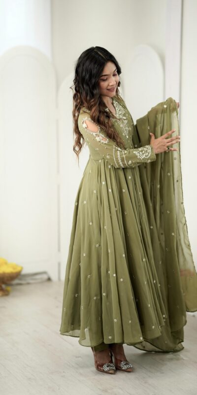 JF 056 Sage Green Faux Georgette Salwar Suit with Mirror Work & Embroidery Work. Get it for ₹2349. Delivery 4-6 Working Days. Shop now. | Jump Suits, Salwar suit, Casual Suits, Creative suits, Designer Suits, Palazzo Suits, Party Wear Suits, Patiala Suits, Straight Suits