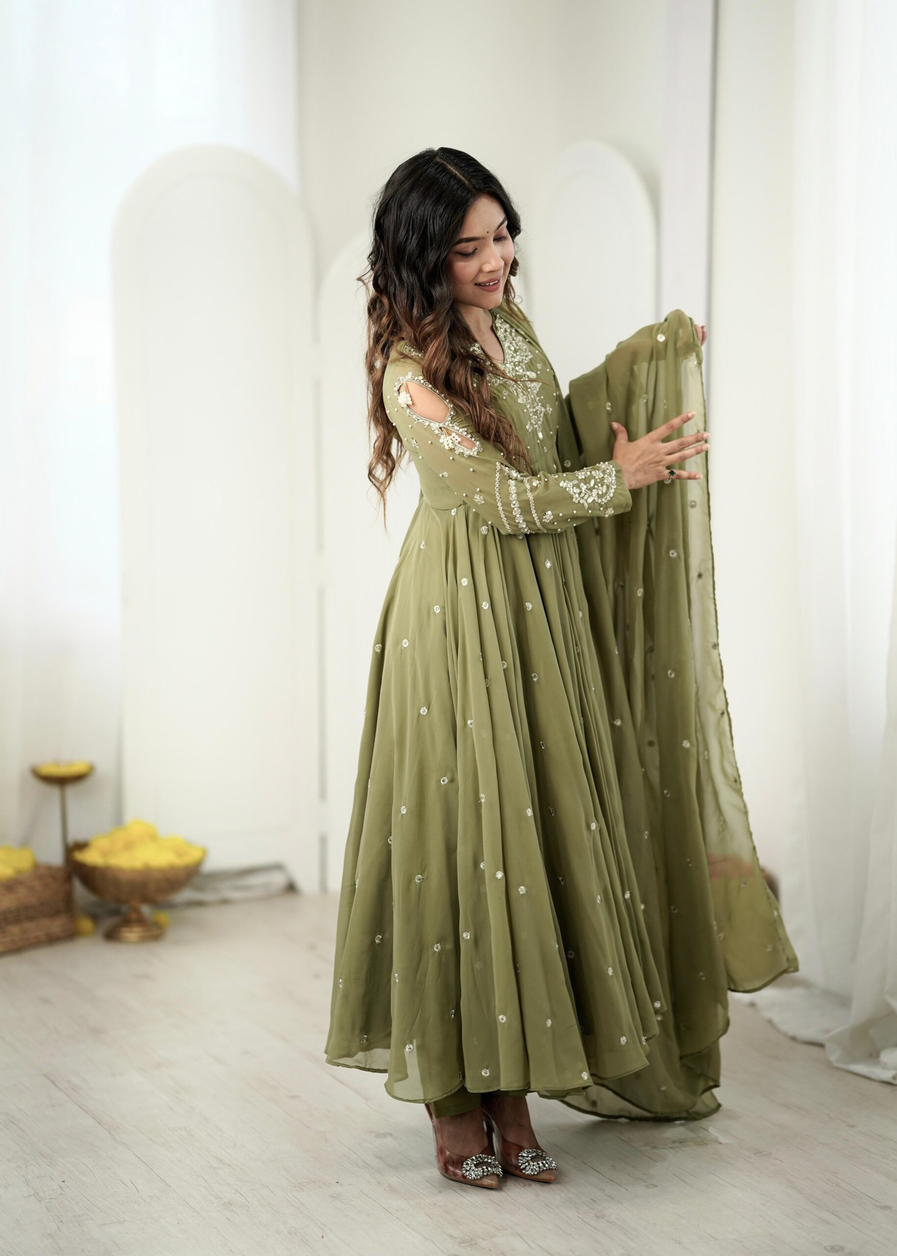 JF 056 Sage Green Faux Georgette Salwar Suit with Mirror Work & Embroidery Work. Get it for ₹2349. Delivery 4-6 Working Days. Shop now. | Jump Suits, Salwar suit, Casual Suits, Creative suits, Designer Suits, Palazzo Suits, Party Wear Suits, Patiala Suits, Straight Suits