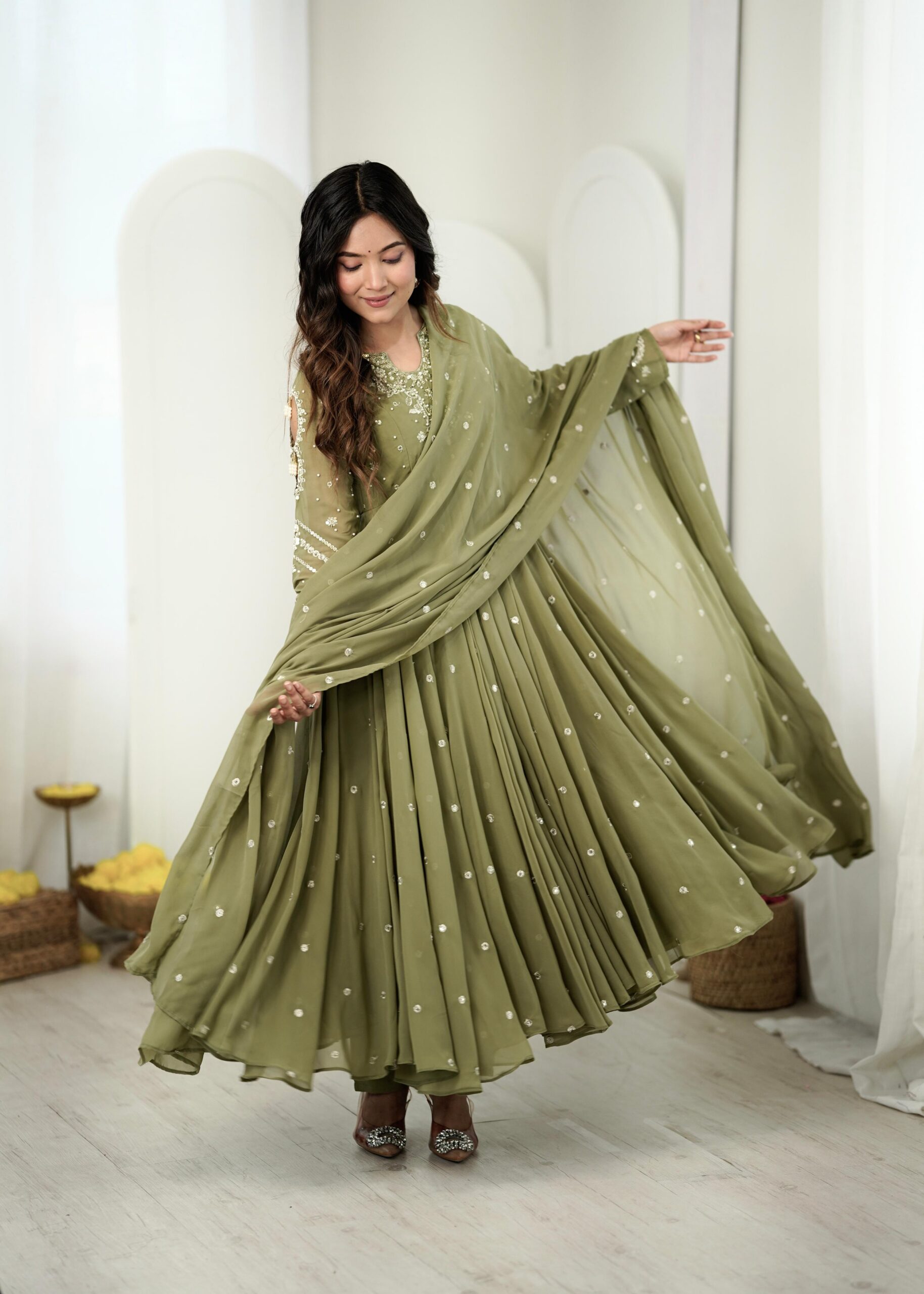 JF 056 Sage Green Faux Georgette Salwar Suit with Mirror Work & Embroidery Work. Get it for ₹2349. Delivery 4-6 Working Days. Shop now. | Jump Suits, Salwar suit, Casual Suits, Creative suits, Designer Suits, Palazzo Suits, Party Wear Suits, Patiala Suits, Straight Suits