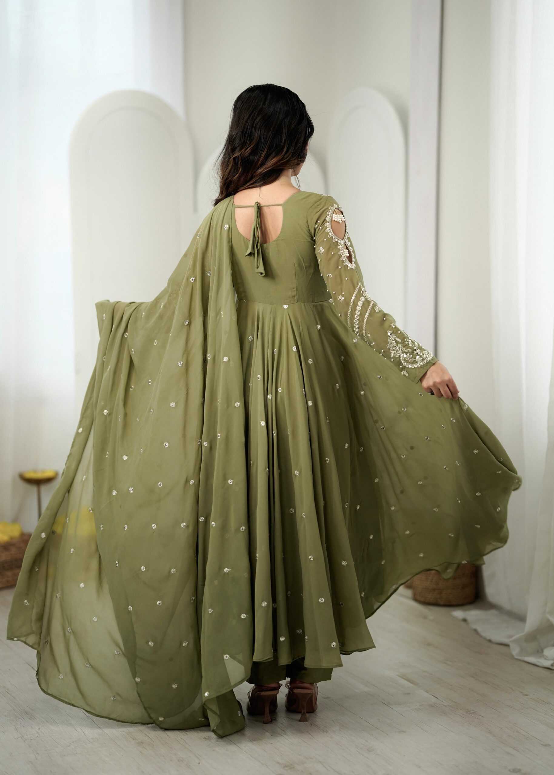 JF 056 Sage Green Faux Georgette Salwar Suit with Mirror Work & Embroidery Work. Get it for ₹2349. Delivery 4-6 Working Days. Shop now. | Jump Suits, Salwar suit, Casual Suits, Creative suits, Designer Suits, Palazzo Suits, Party Wear Suits, Patiala Suits, Straight Suits