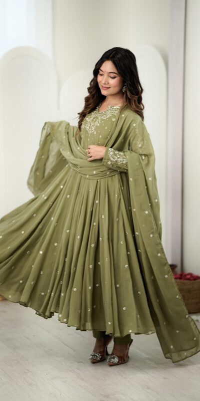 JF 056 Sage Green Faux Georgette Salwar Suit with Mirror Work & Embroidery Work. Get it for ₹2349. Delivery 4-6 Working Days. Shop now. | Jump Suits, Salwar suit, Casual Suits, Creative suits, Designer Suits, Palazzo Suits, Party Wear Suits, Patiala Suits, Straight Suits