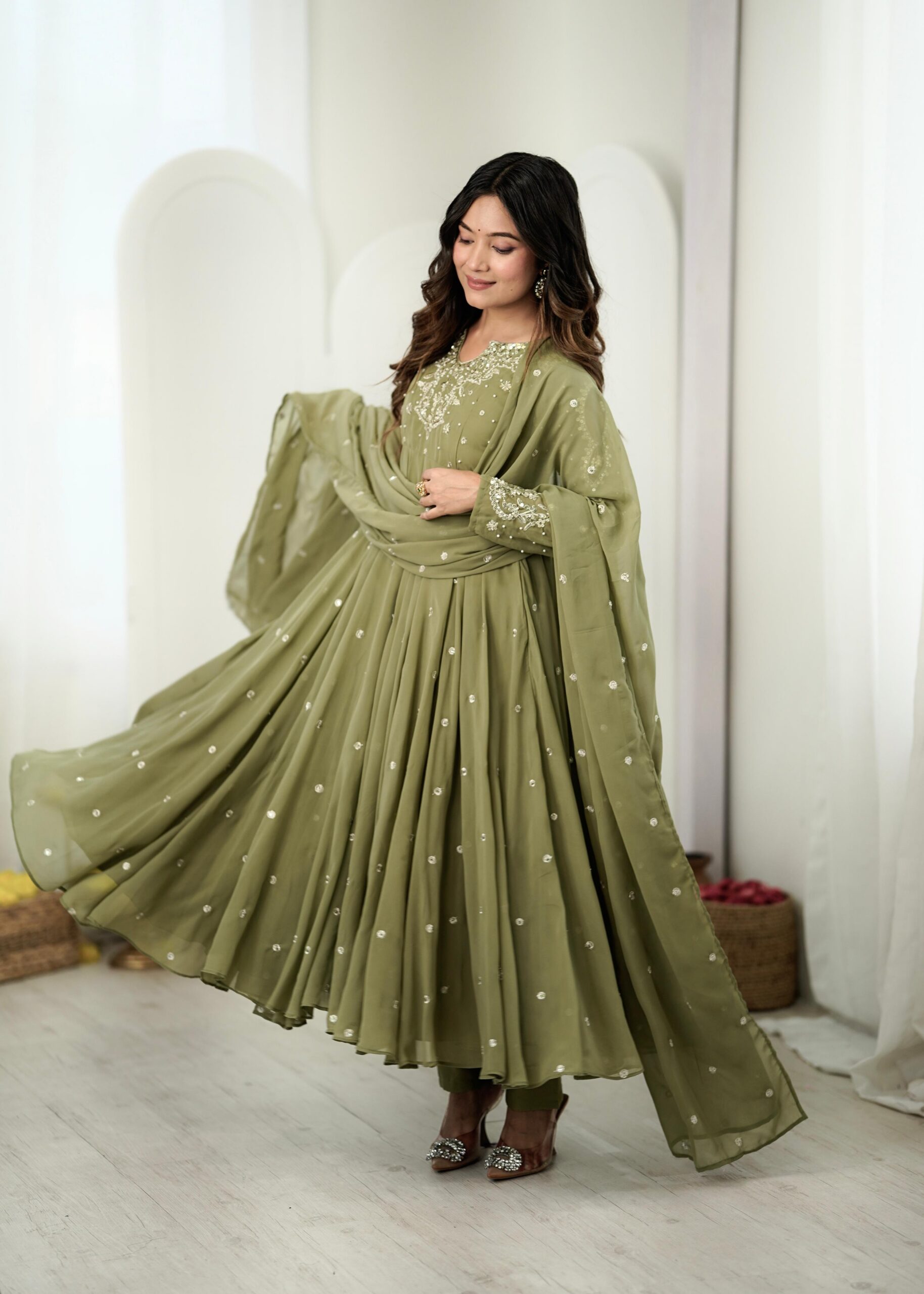 JF 056 Sage Green Faux Georgette Salwar Suit with Mirror Work & Embroidery Work. Get it for ₹2349. Delivery 4-6 Working Days. Shop now. | Jump Suits, Salwar suit, Casual Suits, Creative suits, Designer Suits, Palazzo Suits, Party Wear Suits, Patiala Suits, Straight Suits
