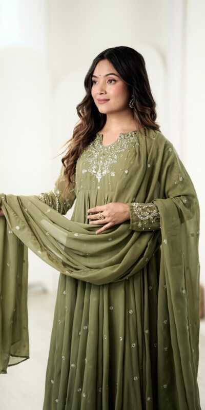JF 056 Sage Green Faux Georgette Salwar Suit with Mirror Work & Embroidery Work. Get it for ₹2349. Delivery 4-6 Working Days. Shop now. | Jump Suits, Salwar suit, Casual Suits, Creative suits, Designer Suits, Palazzo Suits, Party Wear Suits, Patiala Suits, Straight Suits