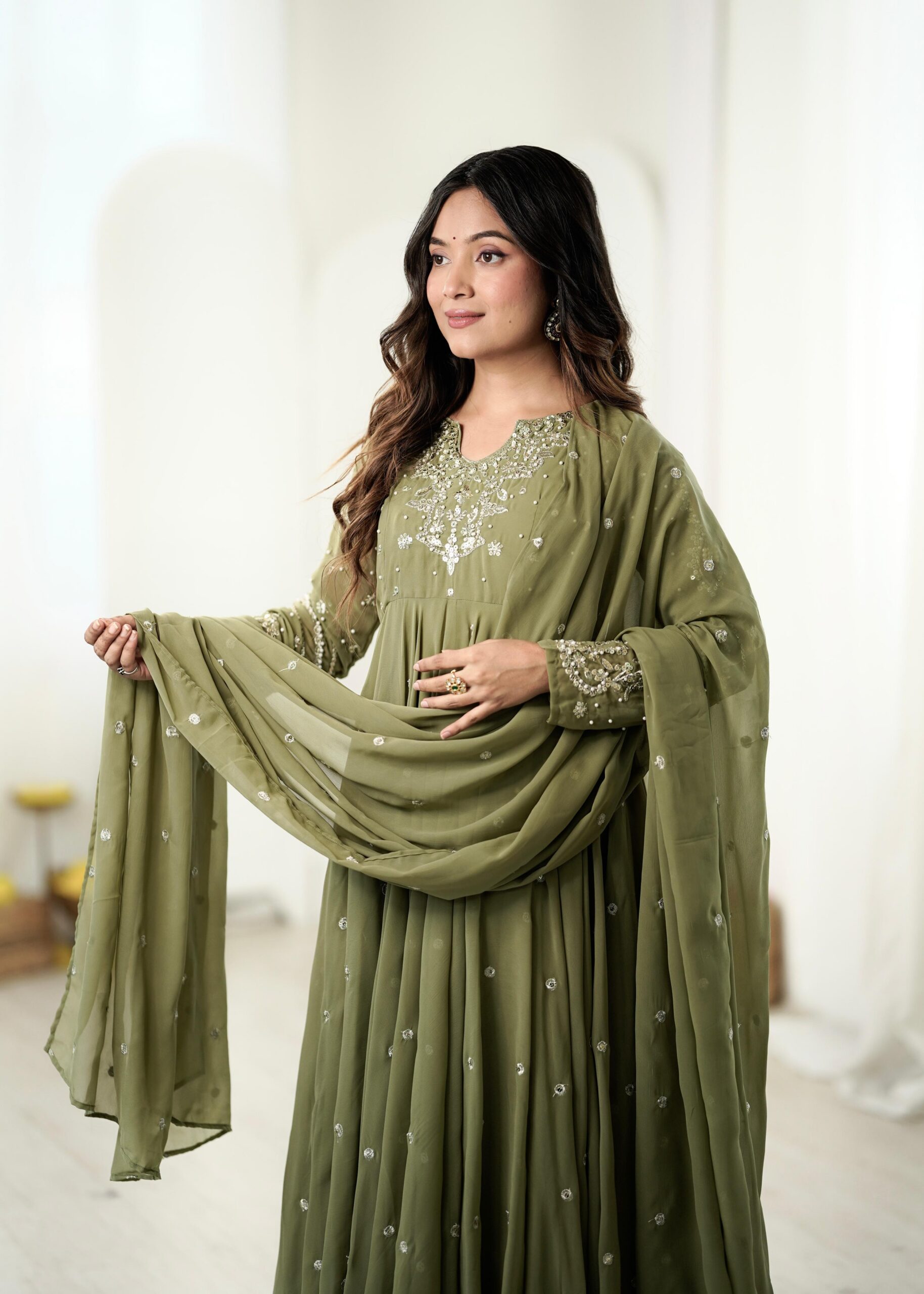 JF 056 Sage Green Faux Georgette Salwar Suit with Mirror Work & Embroidery Work. Get it for ₹2349. Delivery 4-6 Working Days. Shop now. | Jump Suits, Salwar suit, Casual Suits, Creative suits, Designer Suits, Palazzo Suits, Party Wear Suits, Patiala Suits, Straight Suits