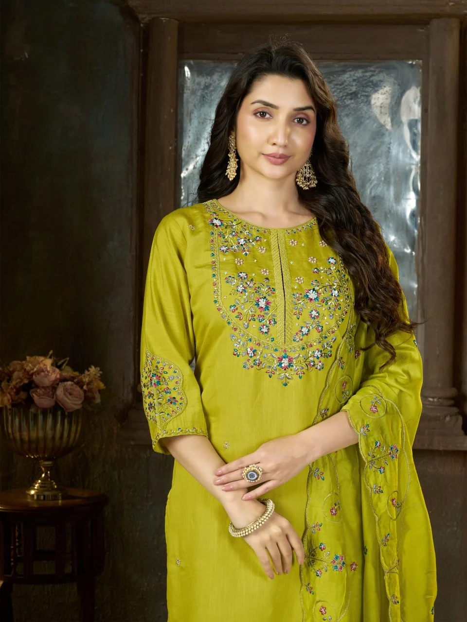 DIVA 177 Light Green Thread Embroidery & Embroidery Work Salwar Suit in Brown Marina Silk. Now at just ₹2399. Delivery 4-6 Working Days. Shop now. | Jump Suits, Salwar suit, Casual Suits, Creative suits, Designer Suits, Palazzo Suits, Party Wear Suits, Patiala Suits, Straight Suits