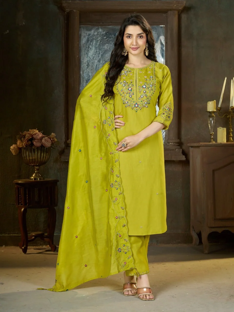 DIVA 177 Light Green Thread Embroidery & Embroidery Work Salwar Suit in Brown Marina Silk. Now at just ₹2399. Delivery 4-6 Working Days. Shop now. | Jump Suits, Salwar suit, Casual Suits, Creative suits, Designer Suits, Palazzo Suits, Party Wear Suits, Patiala Suits, Straight Suits