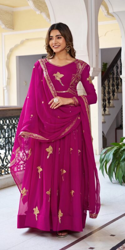 SP 30 Pink Faux Georgette Gown with Mirror Work & Embroidery Work. Get it for ₹1799. Delivery 4-6 Working Days. Online Shop now. | Gowns, Bollywood Gowns, Creative Gowns, Designer Gowns, Embroidered Gowns, Party Wear Gowns