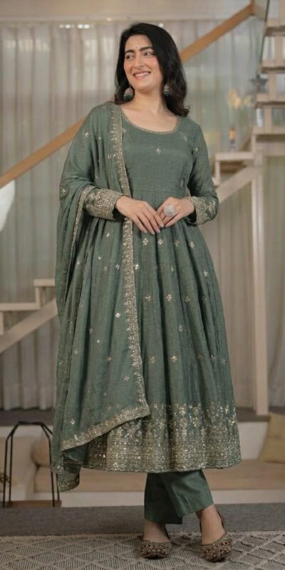 ND 5065 Grey Embroidery Work & Sequins Work Salwar Suit in Peach Crunchy Silk. Festive Deal ₹2449. Delivery 4-6 Working Days. Shop now. | Anarkali Suits, Bollywood Anarkali, Creative-Anarkali, Designer Anarkali, Embroidered Anarkali, Party Wear Anarkali
