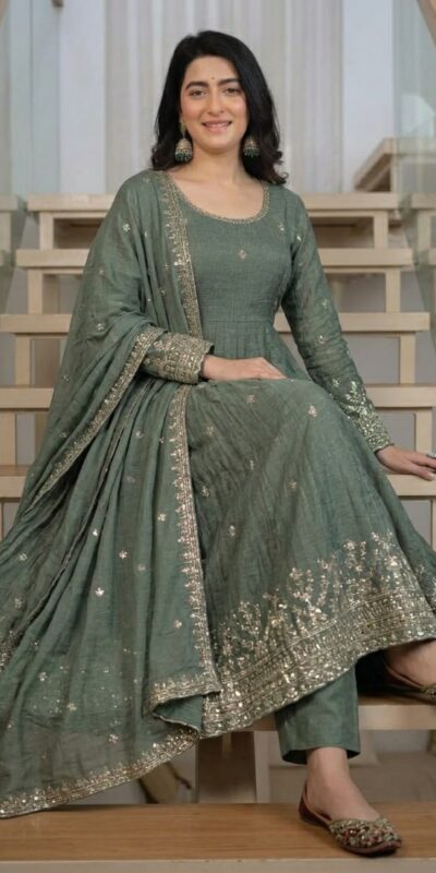 ND 5065 Grey Embroidery Work & Sequins Work Salwar Suit in Peach Crunchy Silk. Festive Deal ₹2449. Delivery 4-6 Working Days. Shop now. | Anarkali Suits, Bollywood Anarkali, Creative-Anarkali, Designer Anarkali, Embroidered Anarkali, Party Wear Anarkali