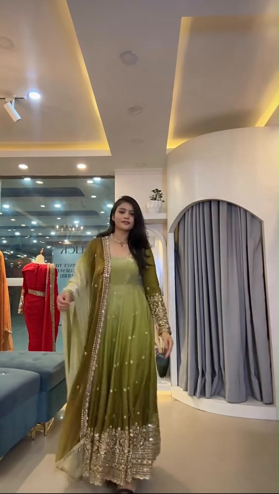 SR 1725 Mehendi Faux Georgette Gown with Mirror Work & Embroidery Work. Get it for ₹2449. Delivery 4-6 Working Days. Online Shop now. | Gowns, Bollywood Gowns, Creative Gowns, Designer Gowns, Embroidered Gowns, Party Wear Gowns