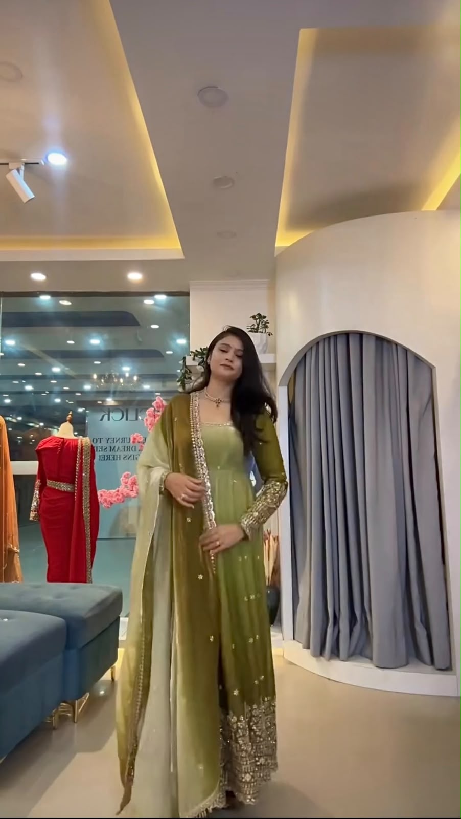 SR 1725 Mehendi Faux Georgette Gown with Mirror Work & Embroidery Work. Get it for ₹2449. Delivery 4-6 Working Days. Online Shop now. | Gowns, Bollywood Gowns, Creative Gowns, Designer Gowns, Embroidered Gowns, Party Wear Gowns