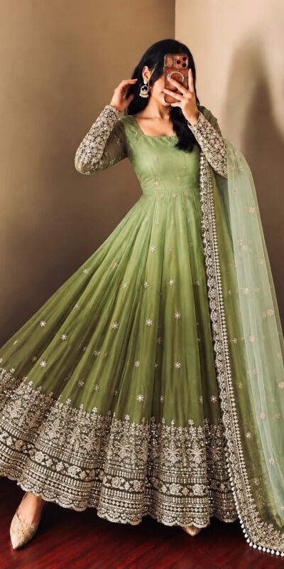 SR 1725 Mehendi Faux Georgette Gown with Mirror Work & Embroidery Work. Get it for ₹2449. Delivery 4-6 Working Days. Online Shop now. | Gowns, Bollywood Gowns, Creative Gowns, Designer Gowns, Embroidered Gowns, Party Wear Gowns