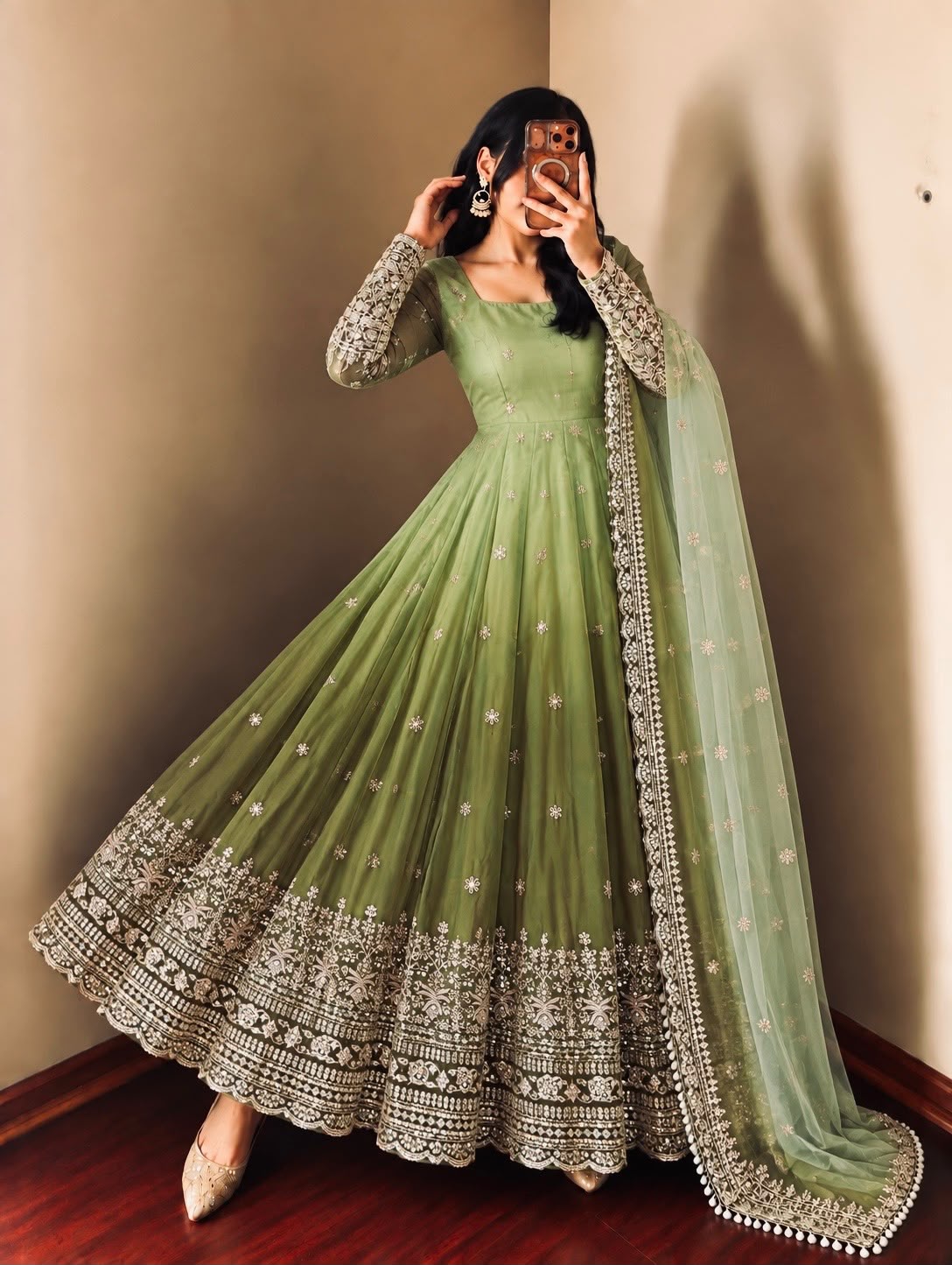 SR 1725 Mehendi Faux Georgette Gown with Mirror Work & Embroidery Work. Get it for ₹2449. Delivery 4-6 Working Days. Online Shop now. | Gowns, Bollywood Gowns, Creative Gowns, Designer Gowns, Embroidered Gowns, Party Wear Gowns
