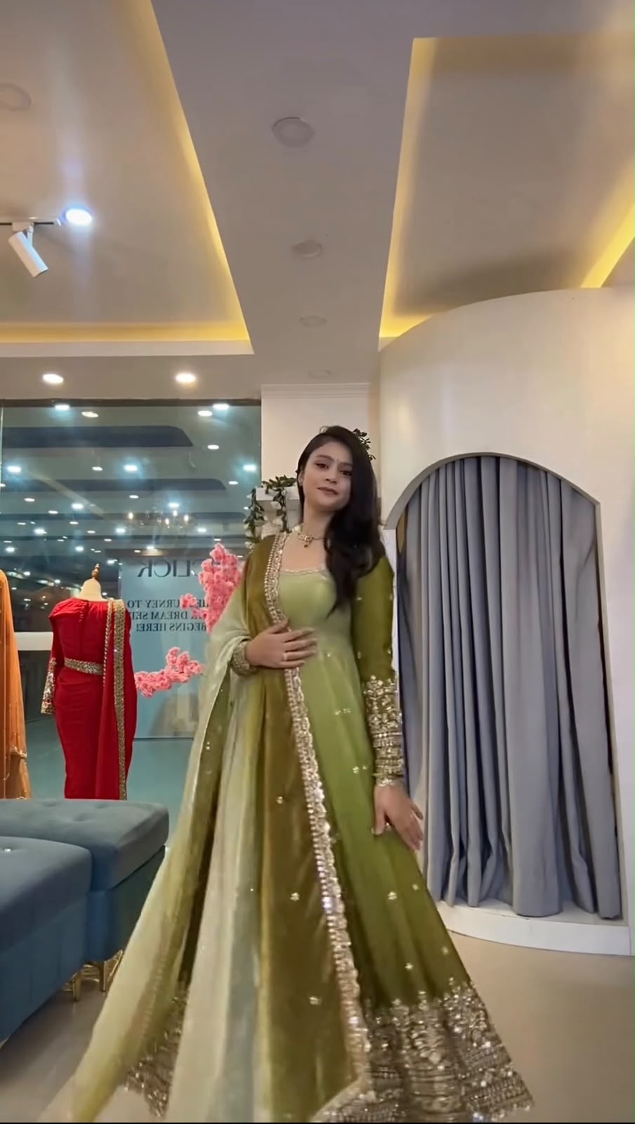 SR 1725 Mehendi Faux Georgette Gown with Mirror Work & Embroidery Work. Get it for ₹2449. Delivery 4-6 Working Days. Online Shop now. | Gowns, Bollywood Gowns, Creative Gowns, Designer Gowns, Embroidered Gowns, Party Wear Gowns