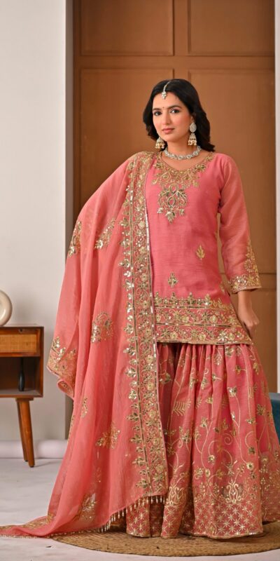 ND 5060 Peach Crunchy Silk Salwar Suit with Embroidery Work. Wedding, Party, Festive, Events Best Price ₹2999. Delivery 4-6 Working Days. Shop now. | Jump Suits, Salwar suit, Casual Suits, Creative suits, Designer Suits, Palazzo Suits, Party Wear Suits, Patiala Suits, Straight Suits