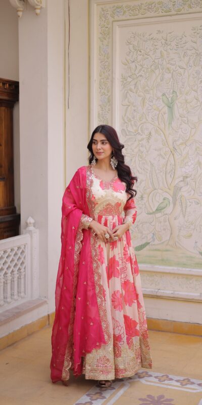 KA 1242 Pink in Russian Silk Embroidery Work & Zari Work Gown . Exclusive Offer ₹2849. Delivery 4-6 Working Days. Shop now. | Gowns, Bollywood Gowns, Creative Gowns, Designer Gowns, Embroidered Gowns, Party Wear Gowns