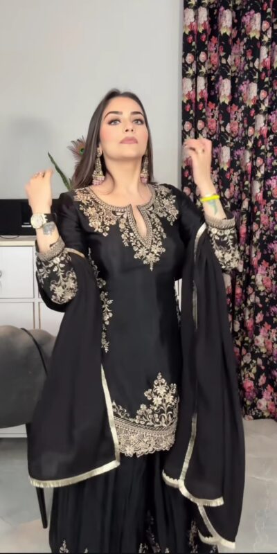 NF 1236 Black Chinon Silk Salwar Suit with Embroidery Work & Sequins Work. Get it for ₹2349. Delivery 4-6 Working Days. Shop now. | Jump Suits, Salwar suit, Casual Suits, Creative suits, Designer Suits, Palazzo Suits, Party Wear Suits, Patiala Suits, Straight Suits