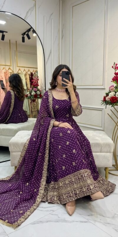 WW 1283 Wine in Colour Faux Georgette Bandhani Print Work Gown. Available at ₹2399 only. Delivery 4-6 Working Days. Shop now. | Gowns, Bollywood Gowns, Creative Gowns, Designer Gowns, Embroidered Gowns, Party Wear Gowns