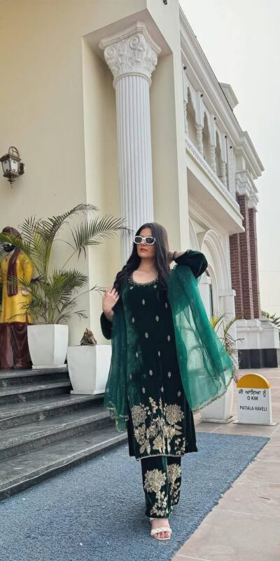 ND 5028 Green Viscose Velvet Salwar Suit with Embroidery Work & Lace Work. Grab it for ₹2349. Delivery 4-6 Working Days. Shop now. | Jump Suits, Salwar suit, Casual Suits, Creative suits, Designer Suits, Palazzo Suits, Party Wear Suits, Patiala Suits, Straight Suits