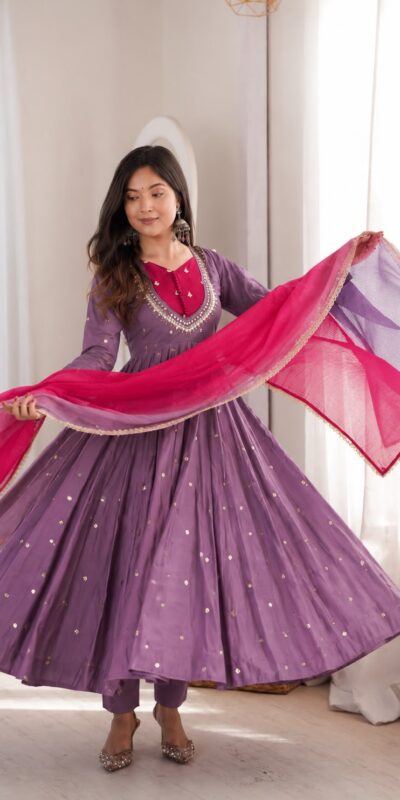 ZF 5023 Lavender Roman Silk Gown with Mirror Work & Embroidery Work. Special Price ₹2099. Delivery 4-6 Working Days. Shop now. | Gowns, Bollywood Gowns, Creative Gowns, Designer Gowns, Embroidered Gowns, Party Wear Gowns