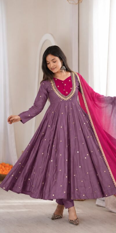 ZF 5023 Lavender Roman Silk Gown with Mirror Work & Embroidery Work. Special Price ₹2099. Delivery 4-6 Working Days. Shop now. | Gowns, Bollywood Gowns, Creative Gowns, Designer Gowns, Embroidered Gowns, Party Wear Gowns
