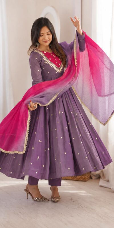 ZF 5023 Lavender Roman Silk Gown with Mirror Work & Embroidery Work. Special Price ₹2099. Delivery 4-6 Working Days. Shop now. | Gowns, Bollywood Gowns, Creative Gowns, Designer Gowns, Embroidered Gowns, Party Wear Gowns