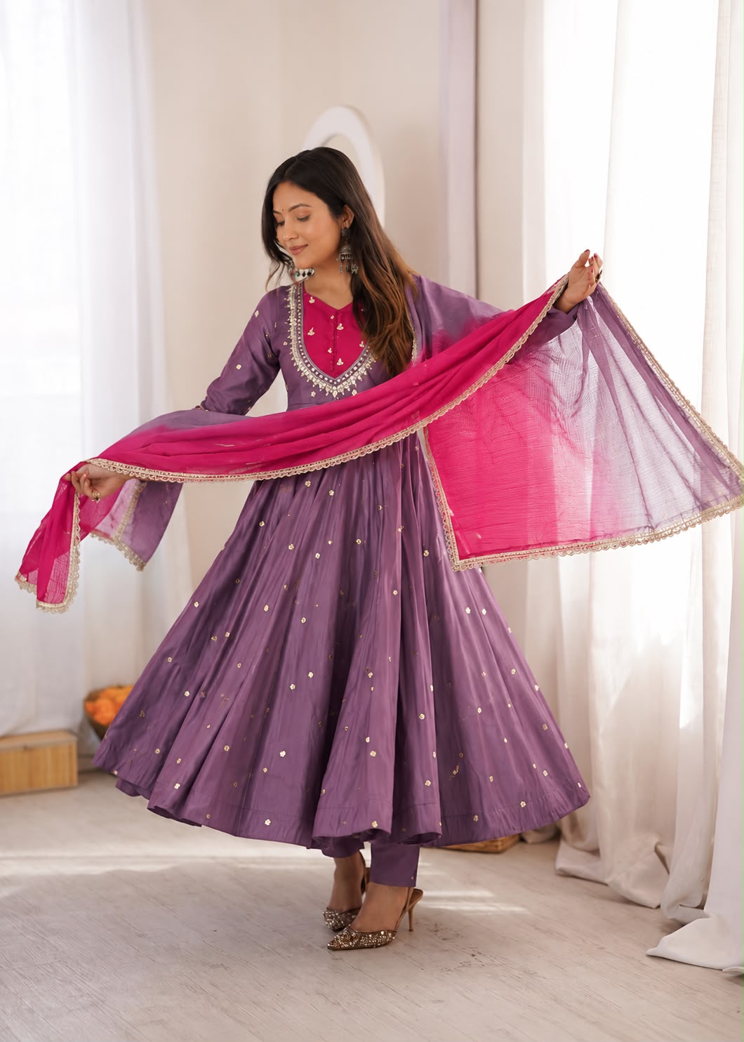 ZF 5023 Lavender Roman Silk Gown with Mirror Work & Embroidery Work. Special Price ₹2099. Delivery 4-6 Working Days. Shop now. | Gowns, Bollywood Gowns, Creative Gowns, Designer Gowns, Embroidered Gowns, Party Wear Gowns