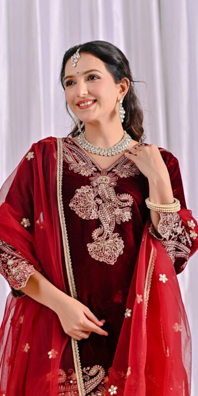 NF 1261 Maroon Viscose Velvet Salwar Suit with Embroidery Work & Lace Work. Grab it for ₹2249. Delivery 4-6 Working Days. Shop now. | Jump Suits, Salwar suit, Casual Suits, Creative suits, Designer Suits, Palazzo Suits, Party Wear Suits, Patiala Suits, Straight Suits